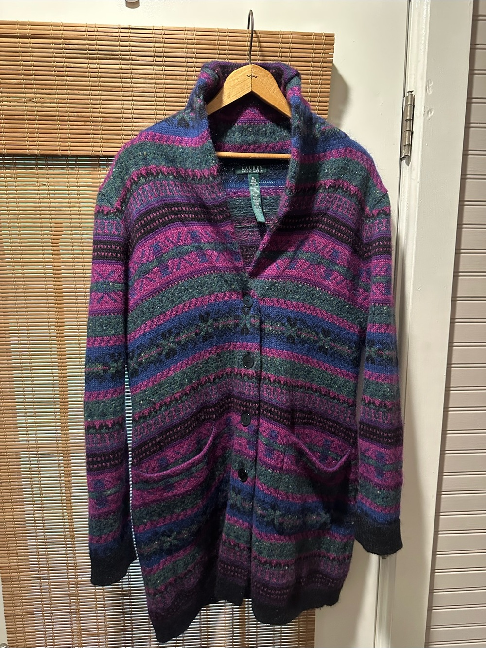 Lauren Ralph Lauren Oversized Purple Wool Blend Fair Isle Cardigan Sweater Med